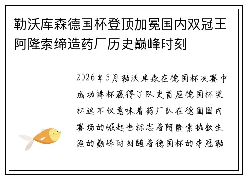 勒沃库森德国杯登顶加冕国内双冠王阿隆索缔造药厂历史巅峰时刻